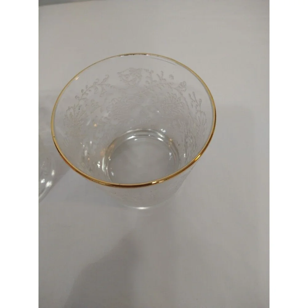 Set of 2 Vintage Gold Band Rim Whiskey Glasses Raised Floral Etch Old Fashioned